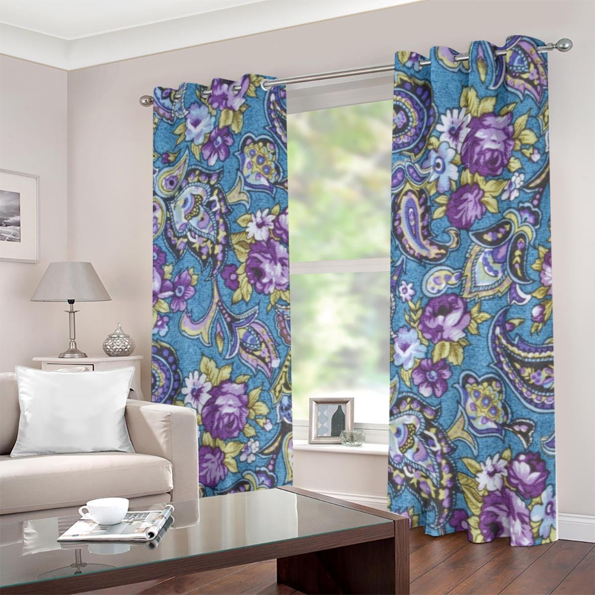 Blue & Purple Paisley Grommet Curtains – Large Size, Elegant Design