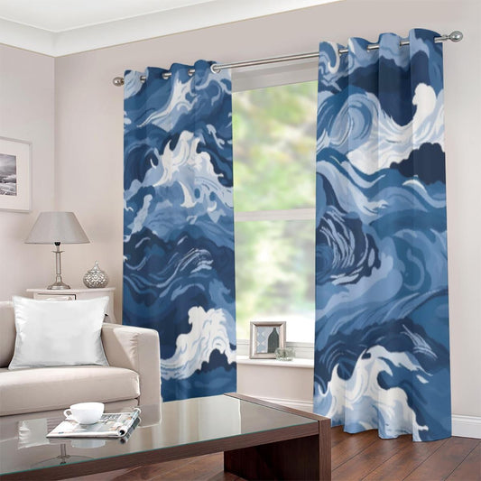 Ocean Waves & Wind Grommet Curtains – Turbulent Blue Seas (Large Size)