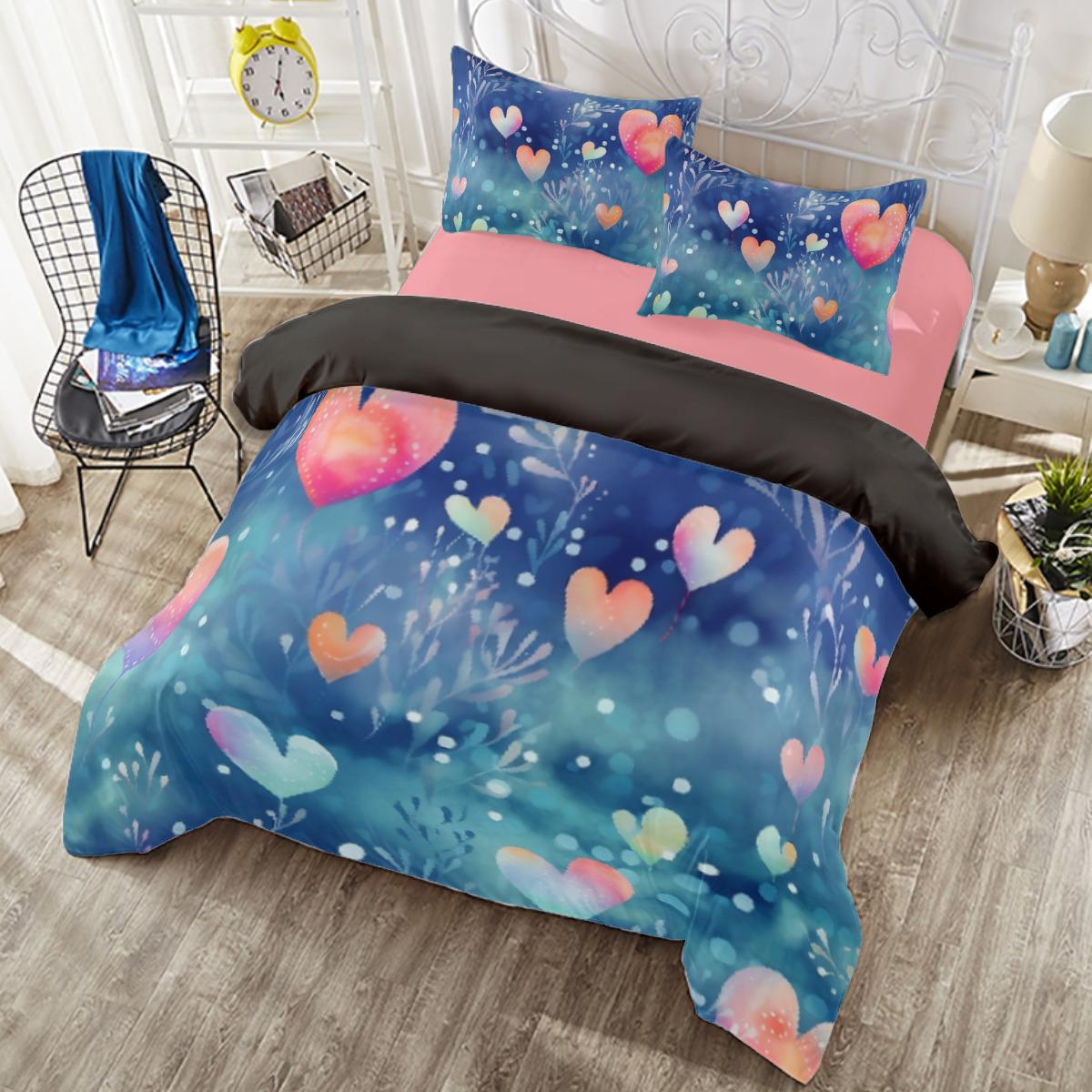 Blue & Pink Heart Duvet Set – Charming Bedding for a Sweet Bedroom - Four-piece Duvet Cover Set