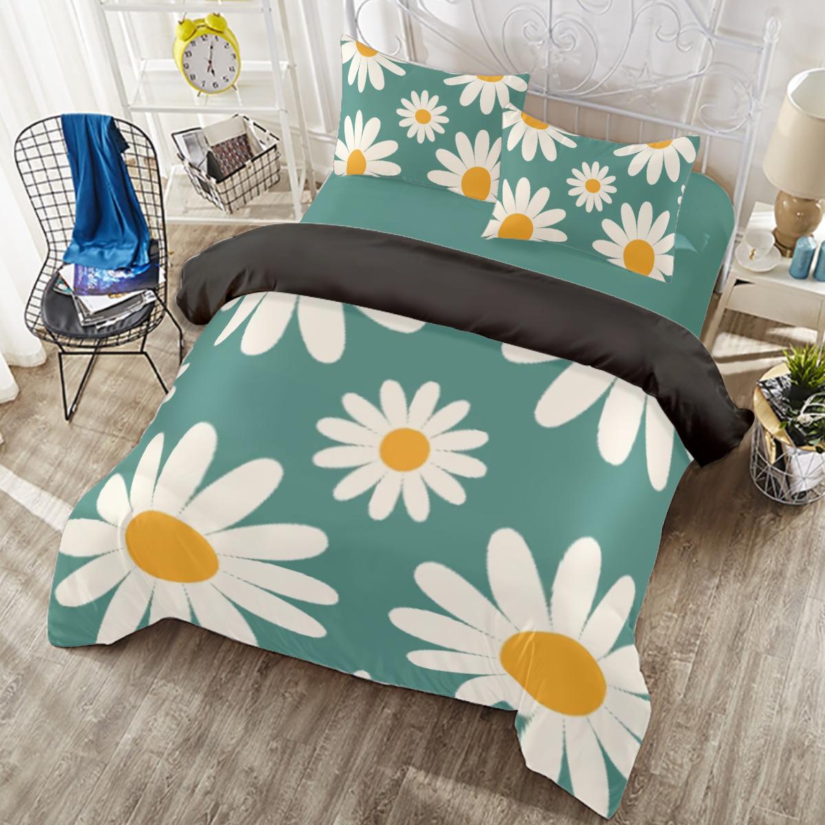 Floral Daisy Duvet Cover Set – Smokey Blue Background, Four-Piece Set