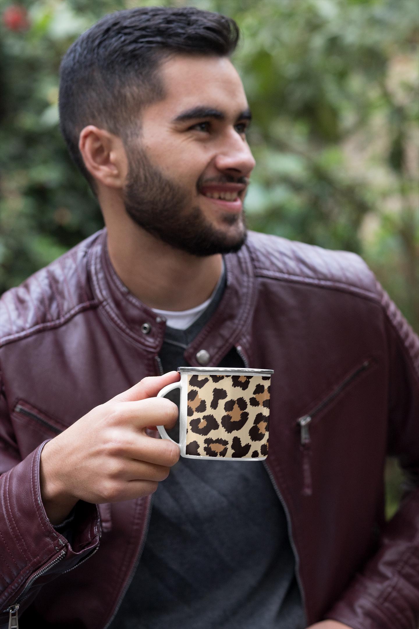 Enamel Camping Mug, Leopard Print Outdoor Adventure Coffee Cup