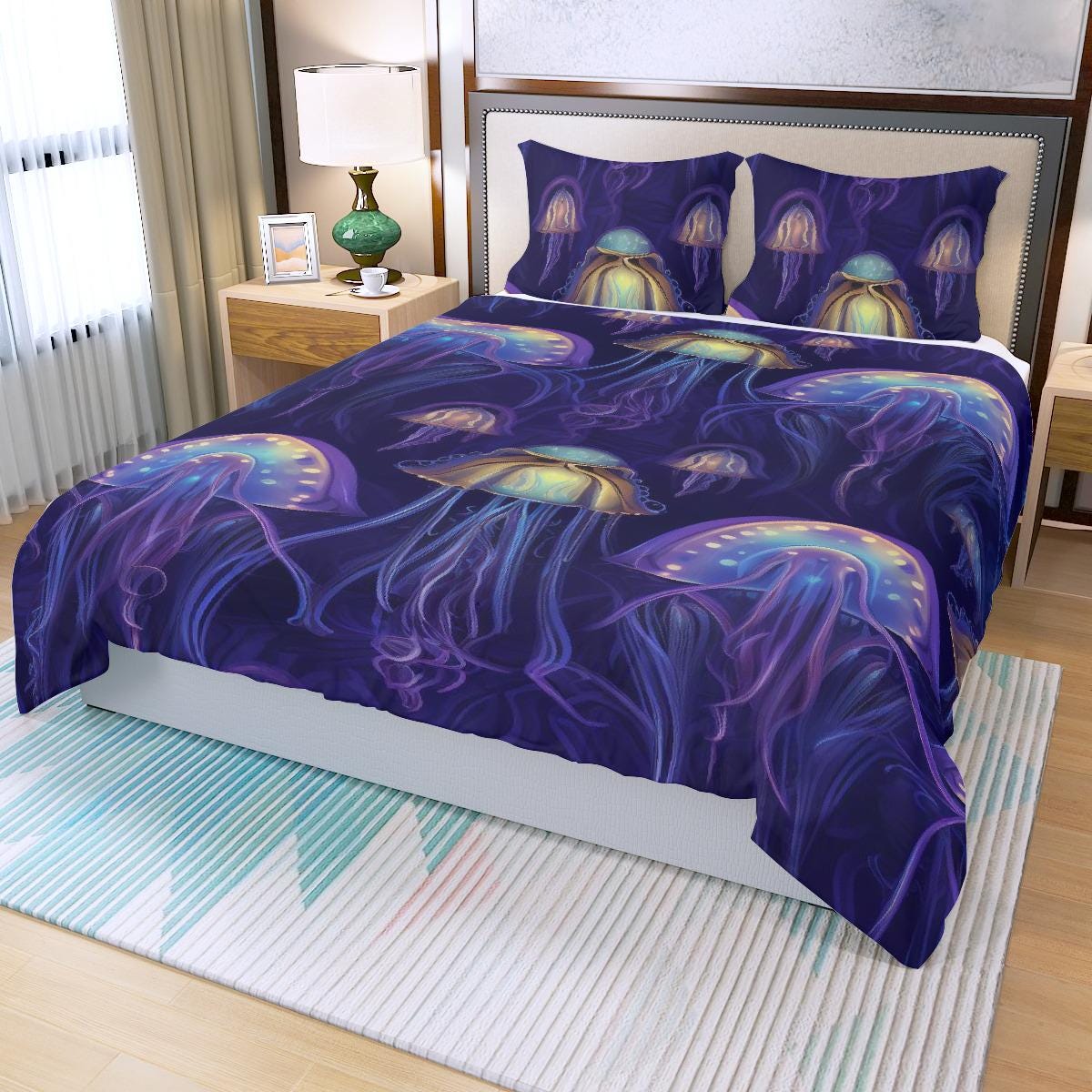 Luminous Jellyfish Duvet Set on Purple-Blue Three Piece Duvet Bedding Set