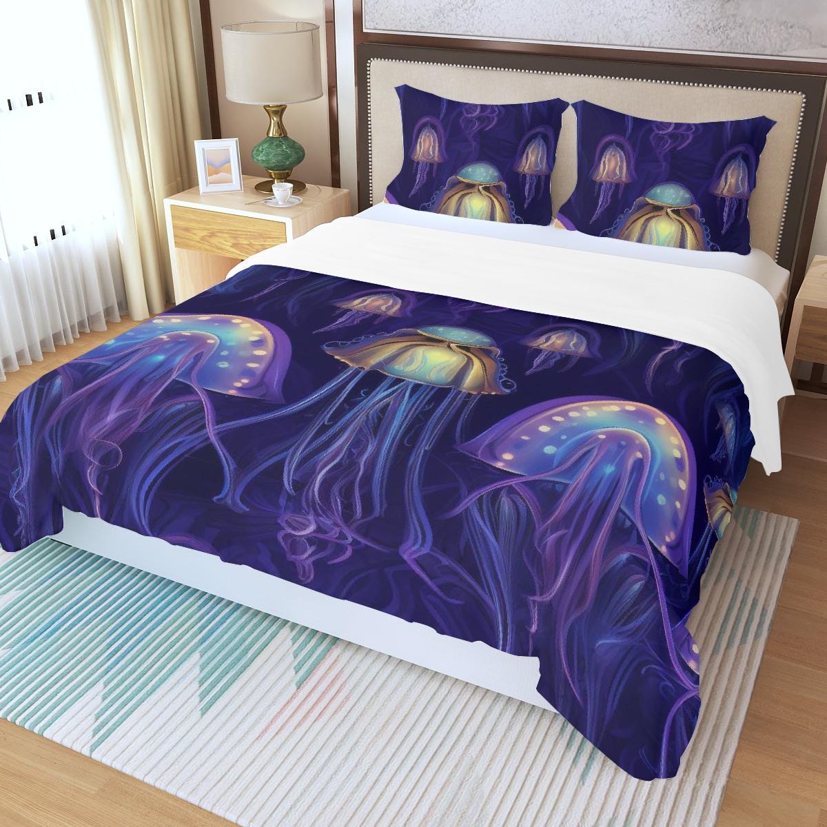 Luminous Jellyfish Duvet Set on Purple-Blue Three Piece Duvet Bedding Set