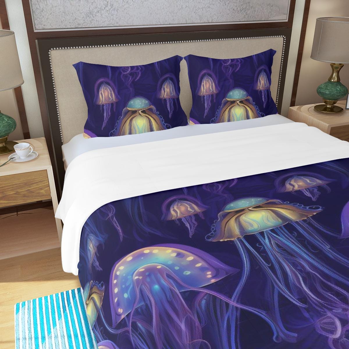 Luminous Jellyfish Duvet Set on Purple-Blue Three Piece Duvet Bedding Set