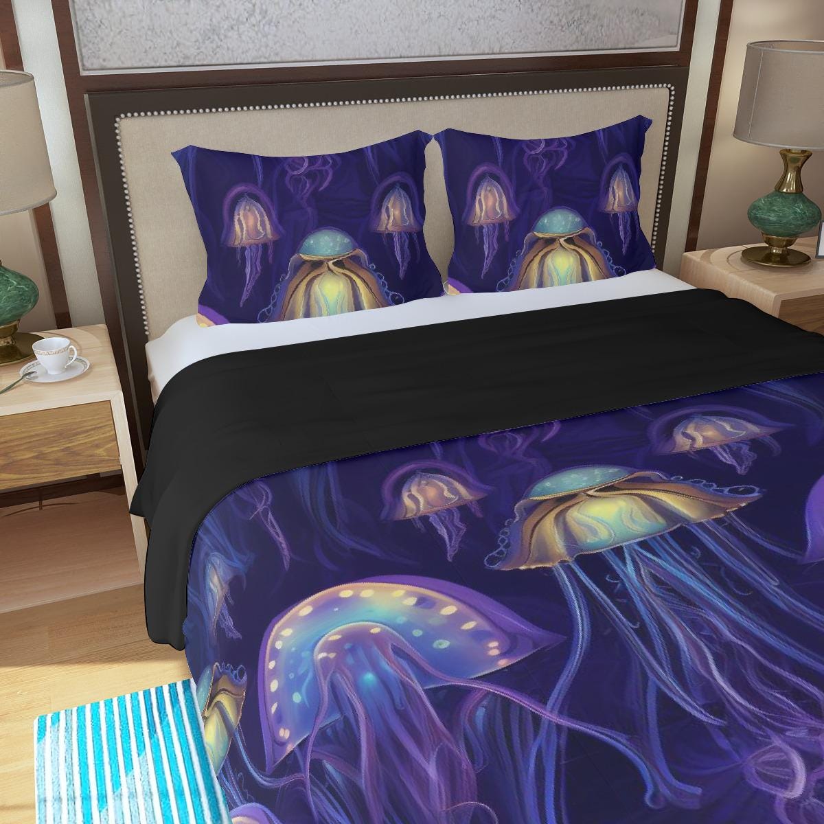 Luminous Jellyfish Duvet Set on Purple-Blue Three Piece Duvet Bedding Set