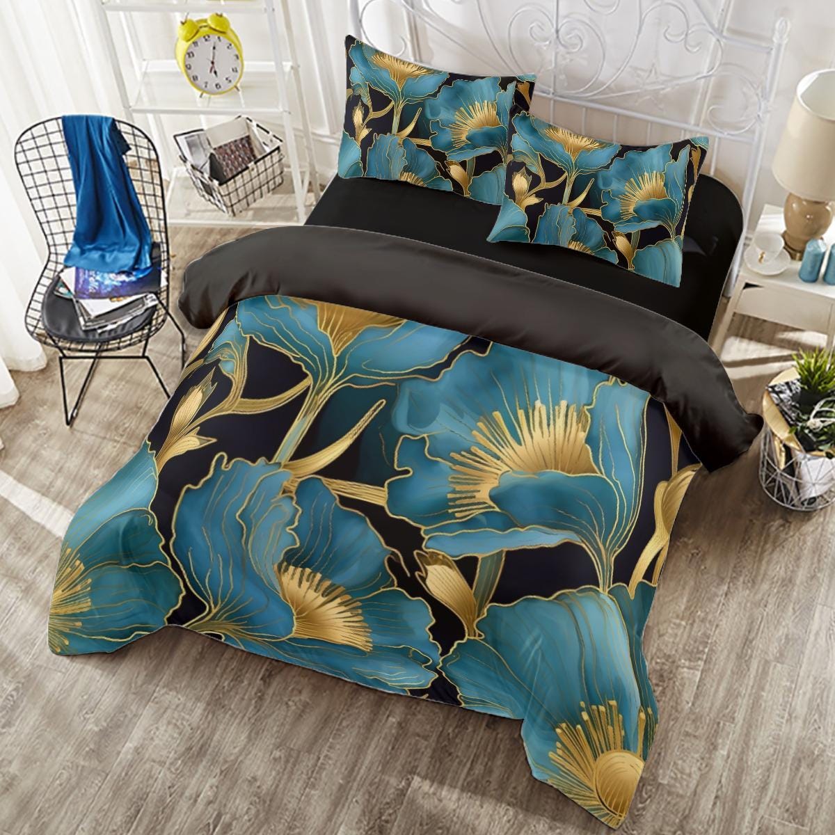 Golden Blue Fantasia Flowers Stunning Elegance  - 4 Piece Duvet Set