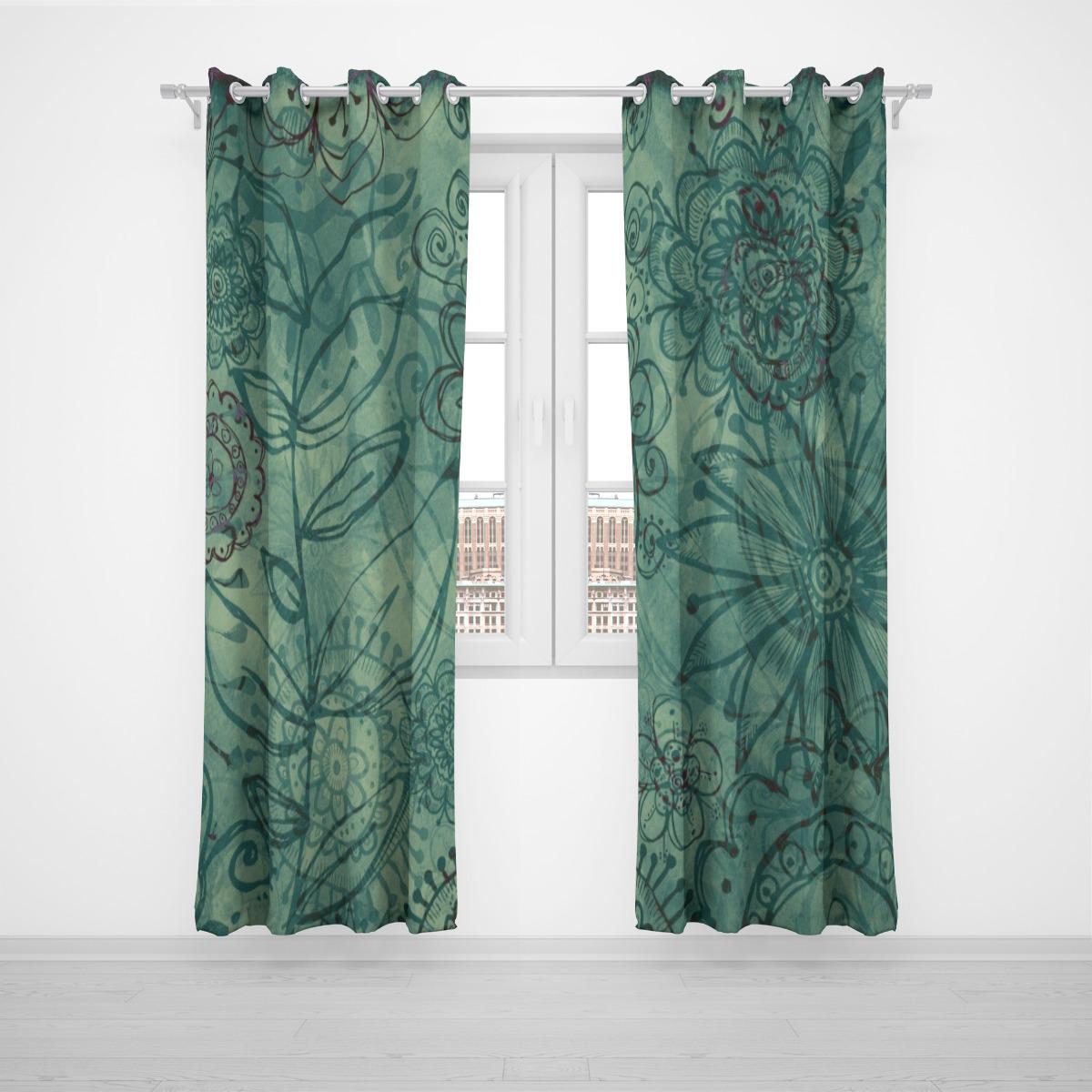 Sea Blue Floral Grommet Curtains (Large Size)