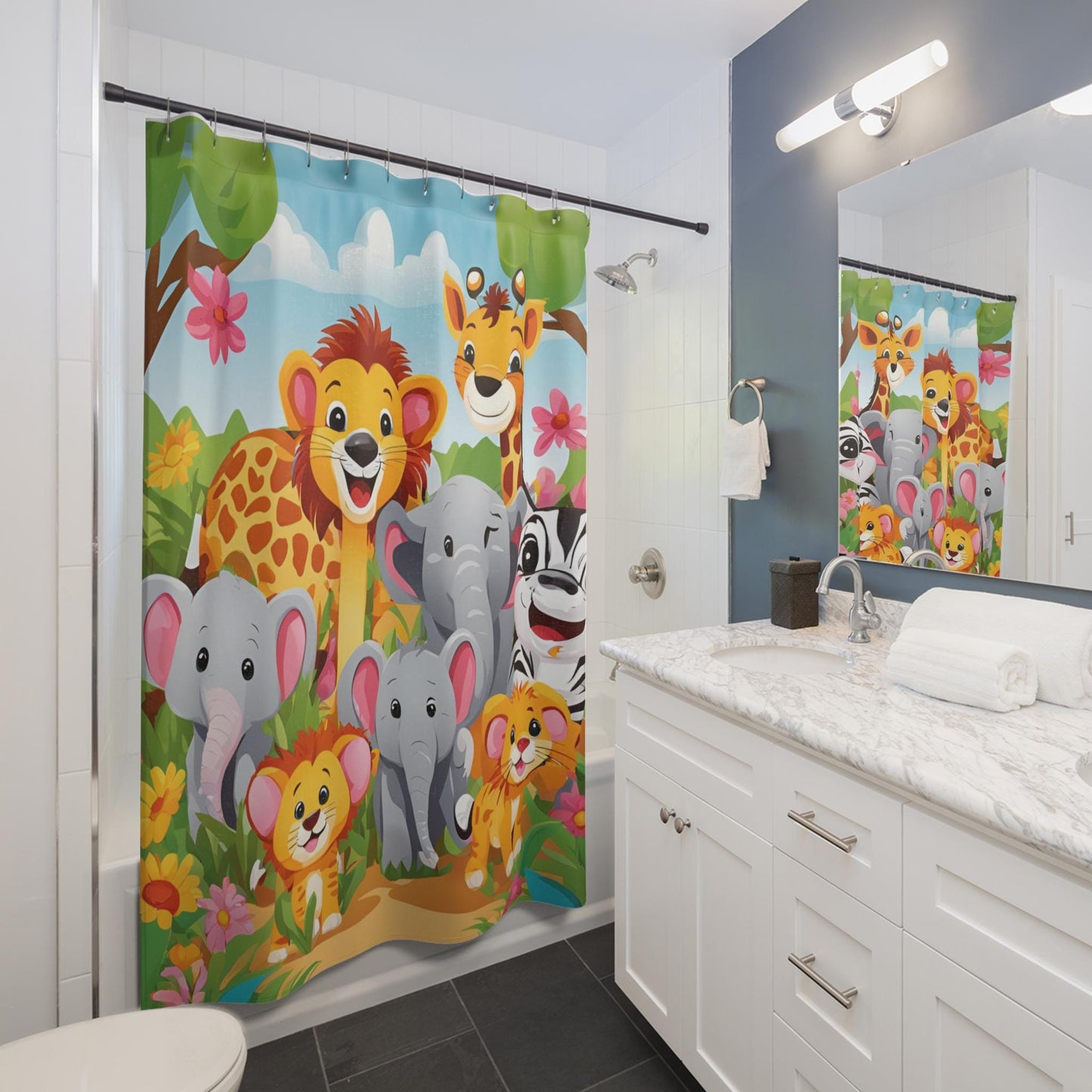 Safari Animals Shower Curtains - Baby Animals Bathroom Decor for Kids, Cute Jungle Animal Washroom Curtain with Happy Safari Creatures, Kids