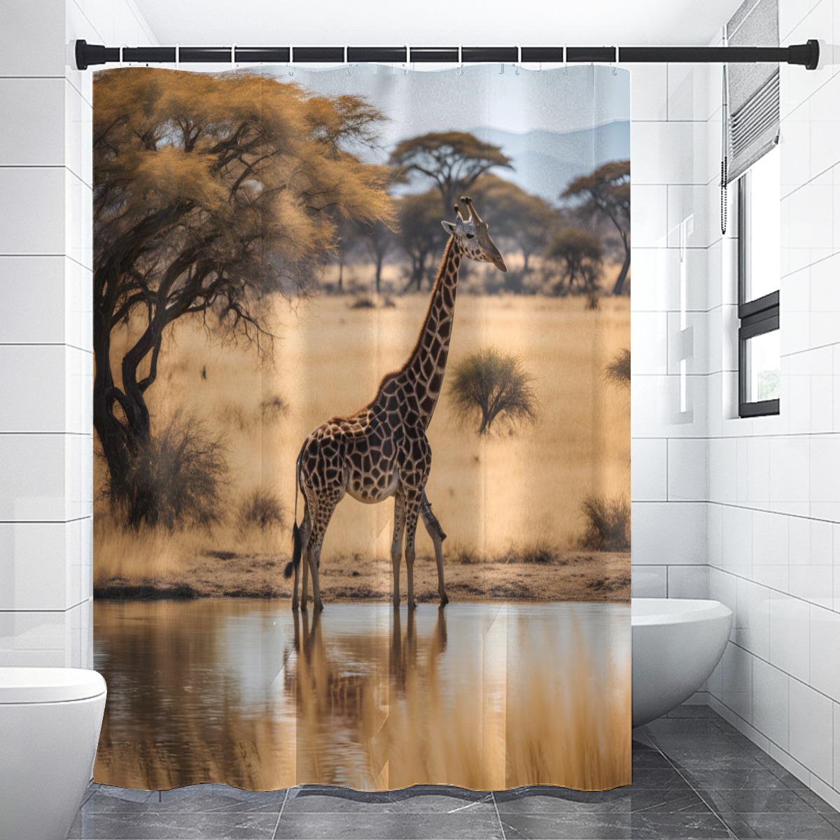 Giraffe cooling off in an African Water Hole Shower curtain 90(gsm)