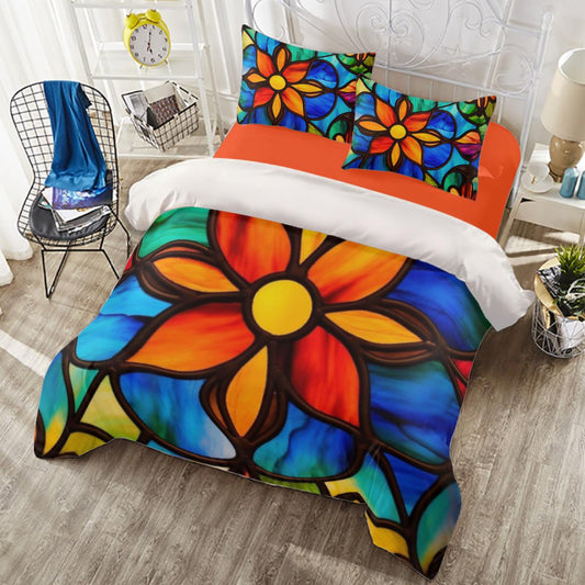 Eye-Catching Vivid Duvet with Stained Glass Effect in Orange, Blue, and Yellow - 4 Piece Bedding Set