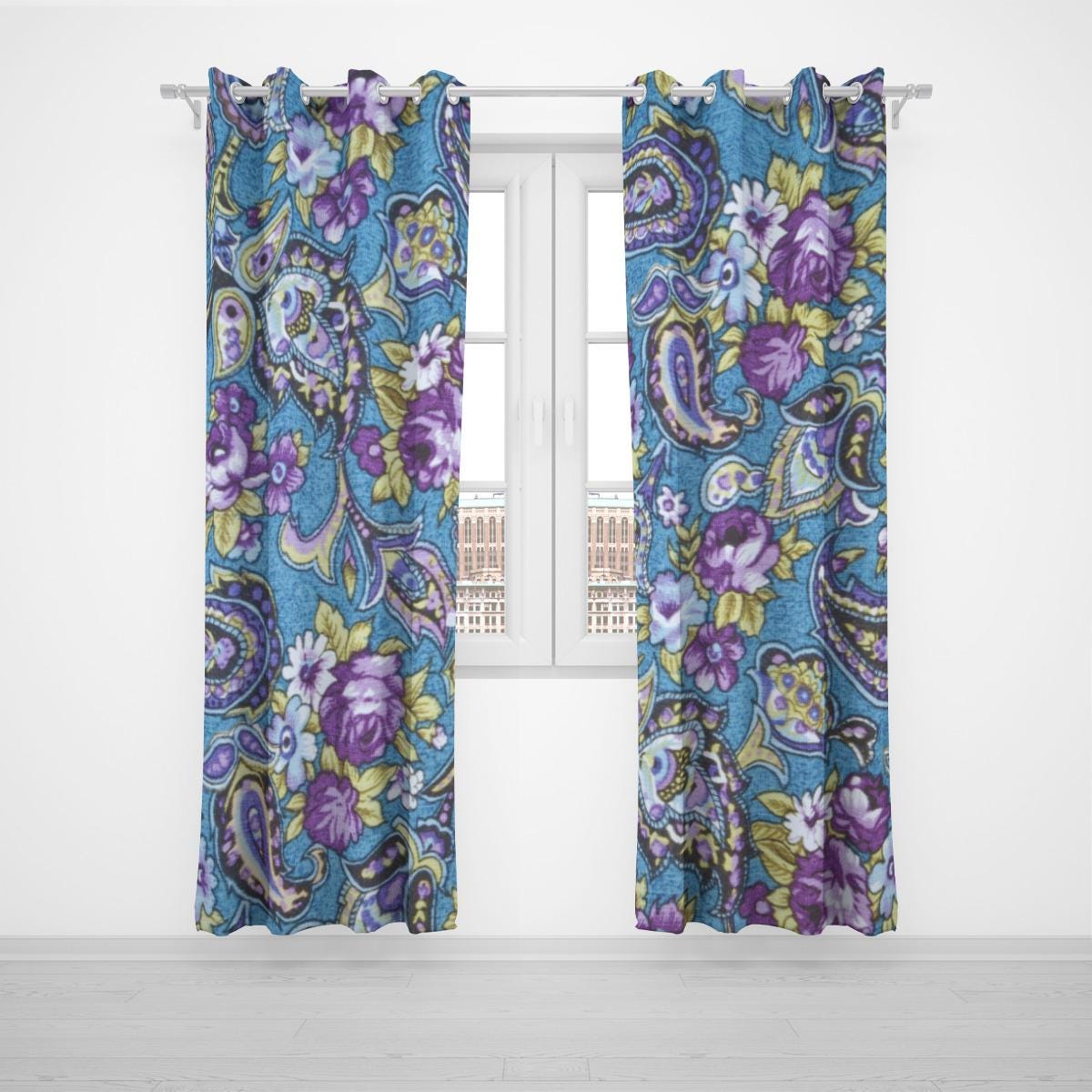 Blue & Purple Paisley Grommet Curtains – Large Size, Elegant Design