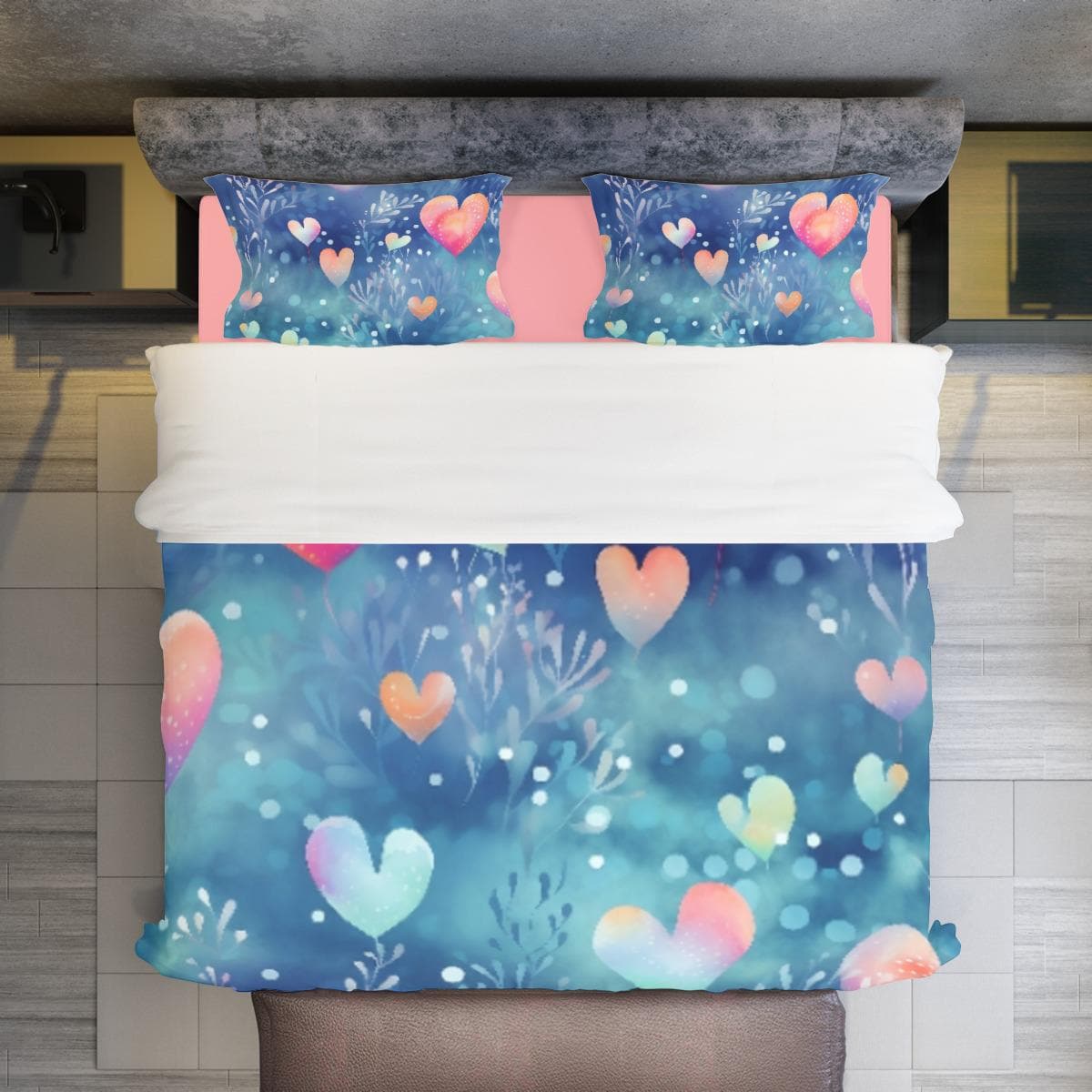 Blue & Pink Heart Duvet Set – Charming Bedding for a Sweet Bedroom - Four-piece Duvet Cover Set