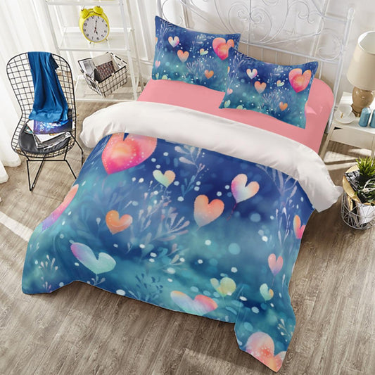 Blue & Pink Heart Duvet Set – Charming Bedding for a Sweet Bedroom - Four-piece Duvet Cover Set