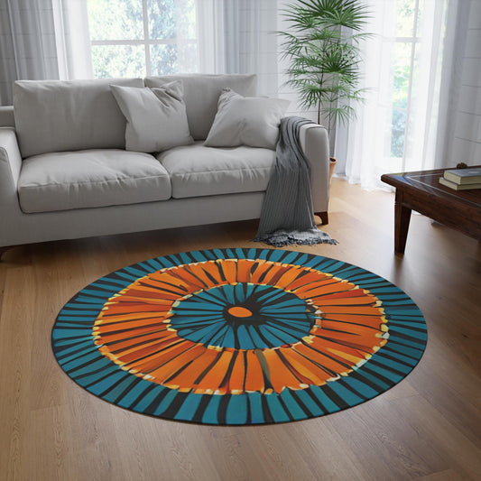 Round Rug, Peacock Blue Straw Flower Design, Boho Home Decor, Floral Area Rug, Living Room Accent Rug, Bedroom Rug, Floor Mat