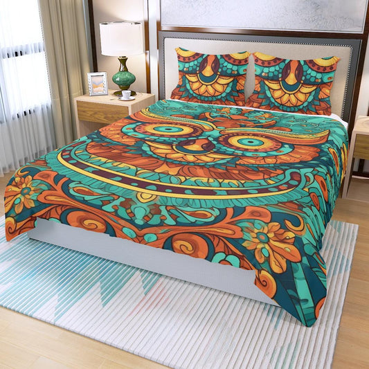 Brilliant Turquoise, Blue and Gold Temple Design Middle World 3 Piece Duvet Set