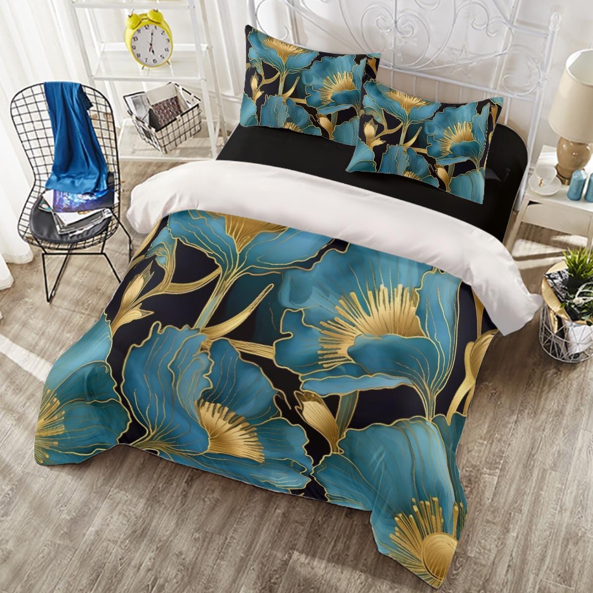 Golden Blue Fantasia Flowers Stunning Elegance  - 4 Piece Duvet Set